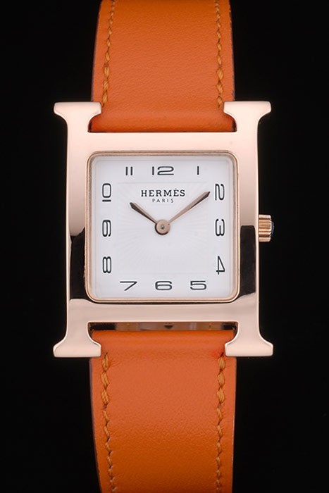 Hermes Heure H Rose Gold Bezel Orange läderrem White Dial 80234