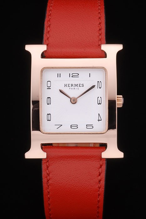 Hermes Heure H Rose Gold Bezel Black Dial rött läder Strap 80.233
