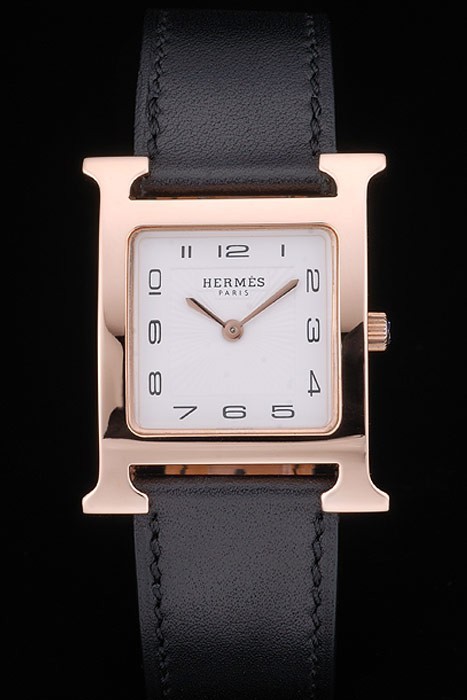 Hermes Heure H Rose Gold Bezel svart läderrem White Dial 80.235