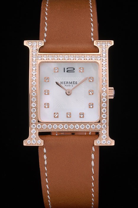 Hermes Heure H Rose Gold Bezel Diamond krönta Tan läderrem White Dial 80.236