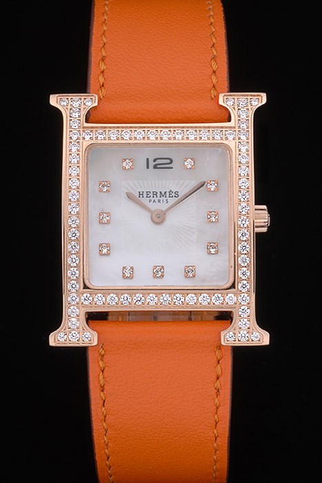 Hermes Heure H Rose Gold Diamond krönta Bezel Orange läderrem White Dial 80237